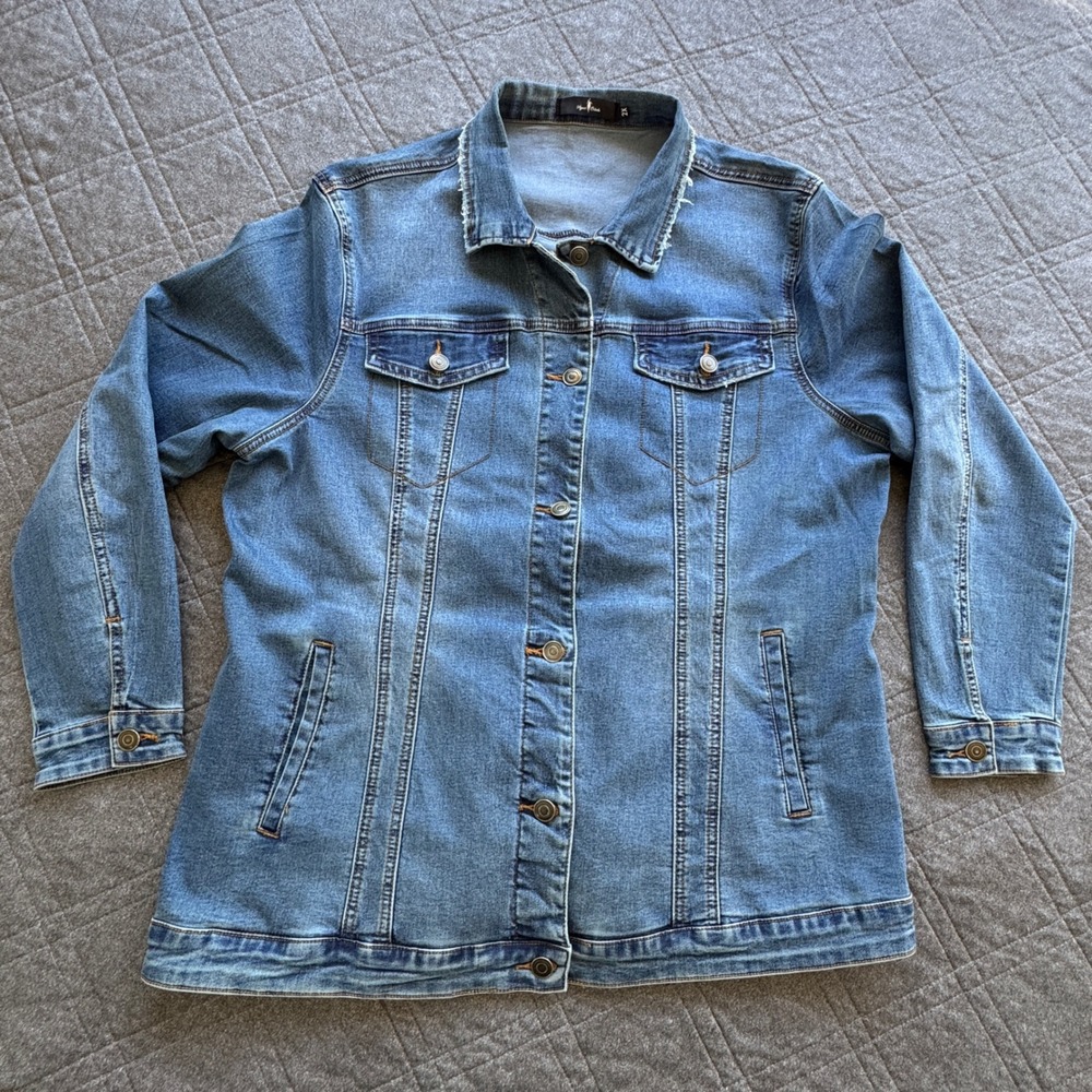Agnes Orinda Womens Plus Size 2X Denim Jacket Blue Button Up Long Sleeve Jean